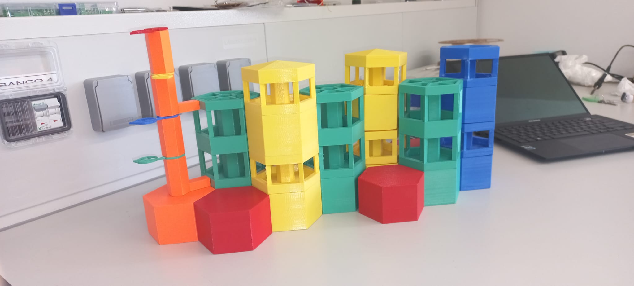 Colourful modular outdoor-furniture prototype produced through 3D printing